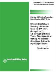 Picture of B2.1-1-203:1996(R2007) STANDARD WELDING PROCEDURE SPECIFICATION (SWPS) FOR SHIELDED METAL ARC WELDING OF CARBON STEEL, (M-1/P-1/S-1, GROUP 1 OR 2), 1/8 THROUGH 3/4 INCH THICK, E6010 (VERTICAL UPHILL), AS-WELDED CONDITION