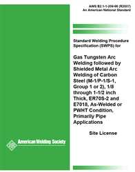 Picture of B2.1-1-209:1996(R2007) STANDARD WELDING PROCEDURE SPECIFICATION (SWPS) FOR GAS TUNGSTEN ARC WELDING FOLLOWED BY SHIELDED METAL ARC WELDING OF CARBON STEEL, (M-1/P-1/S-1, GROUP 1 OR 2), 1/8 THROUGH 1-1/2 INCH THICK, ER70S-2AND E7018, AS-WELDED OR PWHT CONDITION