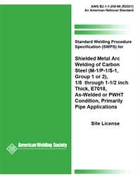 Picture of B2.1-1-208:1996(R2007) STANDARD WELDING PROCEDURE SPECIFICATION (SWPS) FOR SHIELDED METAL ARC WELDING OF CARBON STEEL, (M-1/P-1/S-1, GROUP 1 OR 2), 1/8 THROUGH 1-1/2 INCH THICK, E7018, AS-WELDED OR PWHT CONDITION (PRIMARILY PIPE APPLICATIONS) HISTORICAL