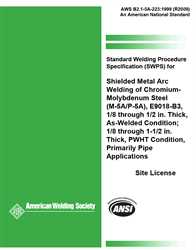Picture of B2.1-5A-223:1999(R2009) STANDARD WELDING PROCEDURE SPECIFICATION (SWPS) FOR SHIELDED METAL ARC WELDING OF CHROMIUM - MOLYBDENUM STEEL, (M-5A/P-5A), E9018-B3, 1/8 THROUGH 1/2 INCH THICK, AS-WELDED CONDITION 1/8 through 1-1/2 INCH THICK (HISTORICAL)