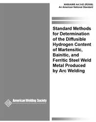 Picture of A4.3:1993(R2006) STANDARD METHODS FOR DETERMINATION OF THE DIFFUSIBLE HYDROGEN CONTENT OF MARTENSITIC, BAINITIC, AND FERRITIC STEEL WELD METAL PRODUCED BY ARC WELDING (HISTORICAL)