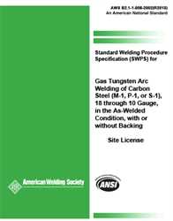 Picture of B2.1-1-008:2002(R2013) STANDARD WELDING PROCEDURE SPECIFICATION (SWPS) FOR GAS TUNGSTEN ARC WELDING OF CARBON STEEL, (M-1, P-1, OR S-1), 18 THROUGH 10 GAUGE, IN THE AS-WELDED CONDITION, WITH OR WITHOUT BACKING (HISTORICAL)
