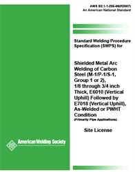 Picture of B2.1-1-205:1996(R2007) STANDARD WELDING PROCEDURE SPECIFICATION FOR SMAW OF CARBON STEEL, (M-1/P-1/S-1, GROUP 1 OR 2), 1/8 THROUGH 1-1/2 INCH THICK, E6010 (VERTICAL UPHILL) FOLLOWED BY E7018 (VERTICAL UPHILL), AS-WELDED OR PWHT CONDITION