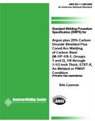 Picture of B2.1-1-234:2006 STANDARD WELDING PROCEDURE SPECIFICATION (SWPS) FOR ARGON PLUS 25% CARBON DIOXIDE SHIELDED FLUX CORED ARC WELDING OF CARBON STEEL, (M-1/P-1/S-1, GROUPS 1 and 2), 1/8 THROUGH 1-1/2 INCH THICK, E7XT-X, AS-WELDED OR PWHT CONDITION (HISTORICAL)