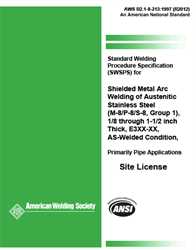 Picture of B2.1-8-213:1997(R2012) STANDARD WELDING PROCEDURE SPECIFICATION (SWPS) FOR SHIELDED METAL ARC WELDING OF AUSTENITIC STAINLESS STEEL, (M-8/P-8/S-8, GROUP 1), 1/8 THROUGH 1-1/2 INCH THICK, E3XX-XX, AS-WELDED CONDITION, PRIMARILY PIPE APPLICATIONS (HISTORICAL)