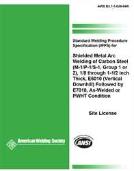 Picture of B2.1-1-026:2018 STANDARD WELDING PROCEDURE SPECIFICATION (SWPS) FOR SHIELDED METAL ARC WELDING OF CARBON STEEL, (M-1/P-1/S-1, GROUP 1 OR 2), 1/8 THROUGH 1-1/2 INCH THICK, E6010(VERTICAL DOWNHILL) FOLLOWED BY E7018, AS-WELDED OR PWHT CONDITION