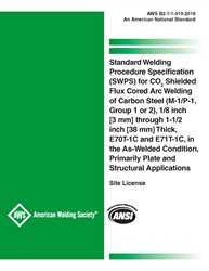 Picture of B2.1-1-019:2018 STANDARD WELDING PROCEDURE SPECIFICATION (SWPS) FOR CO2 SHIELDED FLUX CORED ARC WELDING OF CARBON STEEL, (M-1/P-1/S-1, GROUP 1 OR 2), 1/8 THROUGH 1-1/2 INCH THICK, E70T-1 AND E71T-1, AS-WELDED CONDITION