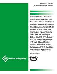 Picture of B2.1-1-232:2020 STANDARD WELDING PROCEDURE SPECIFICATION (SWPS) FOR ARGON PLUS 25% CARBON DIOXIDE SHIELDED GAS METAL ARC WELDING (SHORT CIRCUITING TRANSFER MODE) FOLLOWED BY ARGON PLUS 25% CARBON DIOXIDE SHIELDED FLUX CORED ARC WELDING OF CARBON STEEL