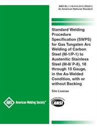 Picture of B2.1-1/8-010:2015 (R2021) - Standard Welding Procedure Specification (SWPS) for Gas Tungsten Arc Welding of Carbon Steel (M-1/P-1) to Austenitic Stainless Steel (M-8/ P-8), 18 through 10 Gauge, in the As-Welded Condition, with or without Backing