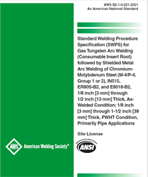 Picture of AWS B2.1-4-221:2021 - Standard Welding Procedure Specification (SWPS) for Gas Tungsten Arc Welding (Consumable Insert Root) followed by Shielded Metal Arc Welding of Chromium- Molybdenum Steel