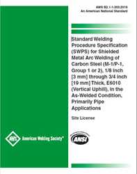Picture of B2.1-1-203:2019 STANDARD WELDING PROCEDURE SPECIFICATION (SWPS) FOR SHIELDED METAL ARC WELDING OF CARBON STEEL, (M-1/P-1/S-1, GROUP 1 OR 2), 1/8 THROUGH 3/4 INCH THICK, E6010 (VERTICAL UPHILL), AS-WELDED CONDITION
