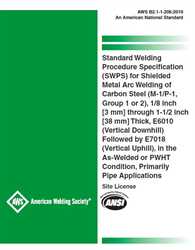 Picture of B2.1-1-206:2019 STANDARD WELDING PROCEDURE SPECIFICATION FOR SHIELDED METAL ARC WELDING OF CARBON STEEL, (M-1/P-1/S-1, GROUP 1 OR 2), 1/8 THROUGH 1-1/2 INCH THICK, E6010 FOLLOWED BY E7018 AS-WELDED OR PWHT CONDITION, PRIMARILY PIPE APPLICATIONS