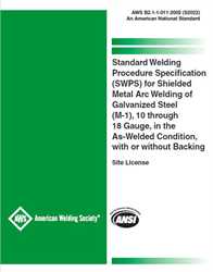 Picture of B2.1-1-011:2002 (S2022) - STANDARD WELDING PROCEDURE SPECIFICATION (SWPS) FOR SHIELDED METAL ARC WELDING OF GALVANIZED STEEL (M-1), 10 THROUGH 18 GAUGE, IN THE AS-WELDED CONDITION, WITH OR WITHOUT BACKING