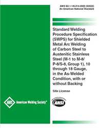 Picture of B2.1-1/8-014:2002 (S2022) - STANDARD WELDING PROCEDURE SPECIFICATION (SWPS) FOR SHIELDED METAL ARC WELDING OF CARBON STEEL TO AUSTENITIC STAINLESS STEEL (M-1 TO M-8/P-8/S-8, GROUP 1), 10 THROUGH 18 GAUGE, WITH OR WITHOUT BACKING
