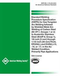 Picture of B2.1-1/8-229:2023-SWPS FOR GTAW FOLLOWED BY SMAW OF CARBON STEEL (M-1/P-1, GROUPS 1 OR 2) TO AUSTENITIC STAINLESS STEEL (M-8/P-8, GROUP 1), 1/8 IN [3MM] THROUGH 1-1/2 IN [38MM] THICK, ER309(L), AND E309(L) -15, -16, OR -17, IN THE AS-WELDED CONDITION, PRIMARILY PIPE APPS